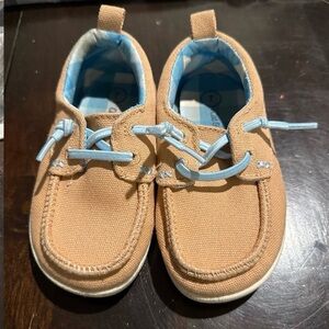 Cat & Jack Tan Canvas Kids Boat Sneakers with Light Blue Trim